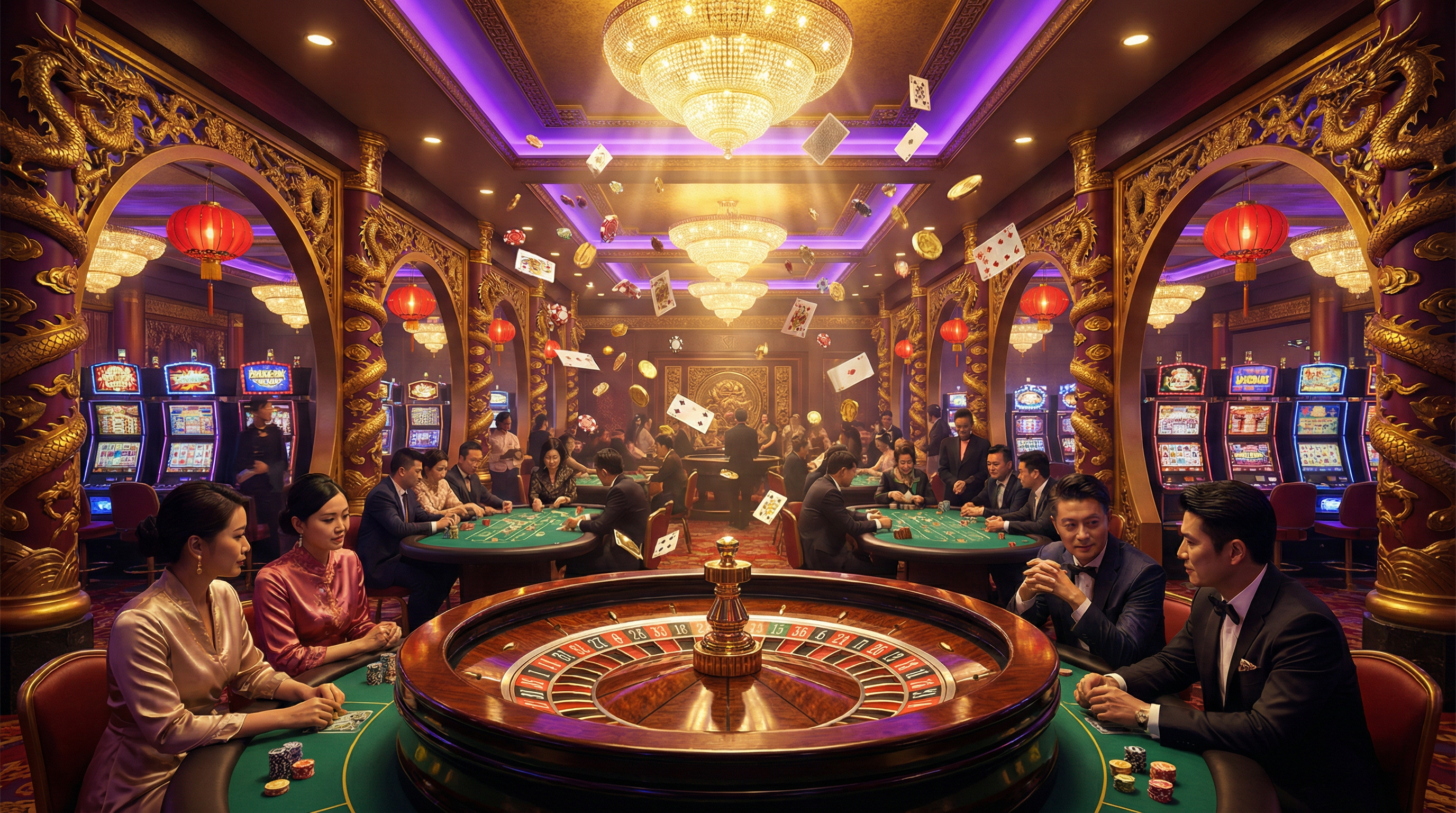 c7娱乐豪华博彩大厅展示,包含轮盘、扑克桌和老虎机